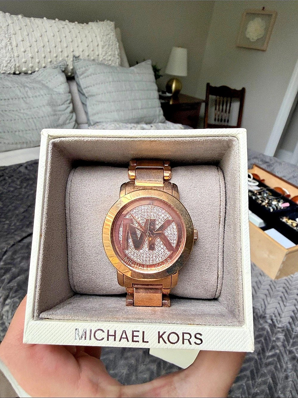 Michael Kors Parker Crystal Pave Logo Rose Gold Watch
